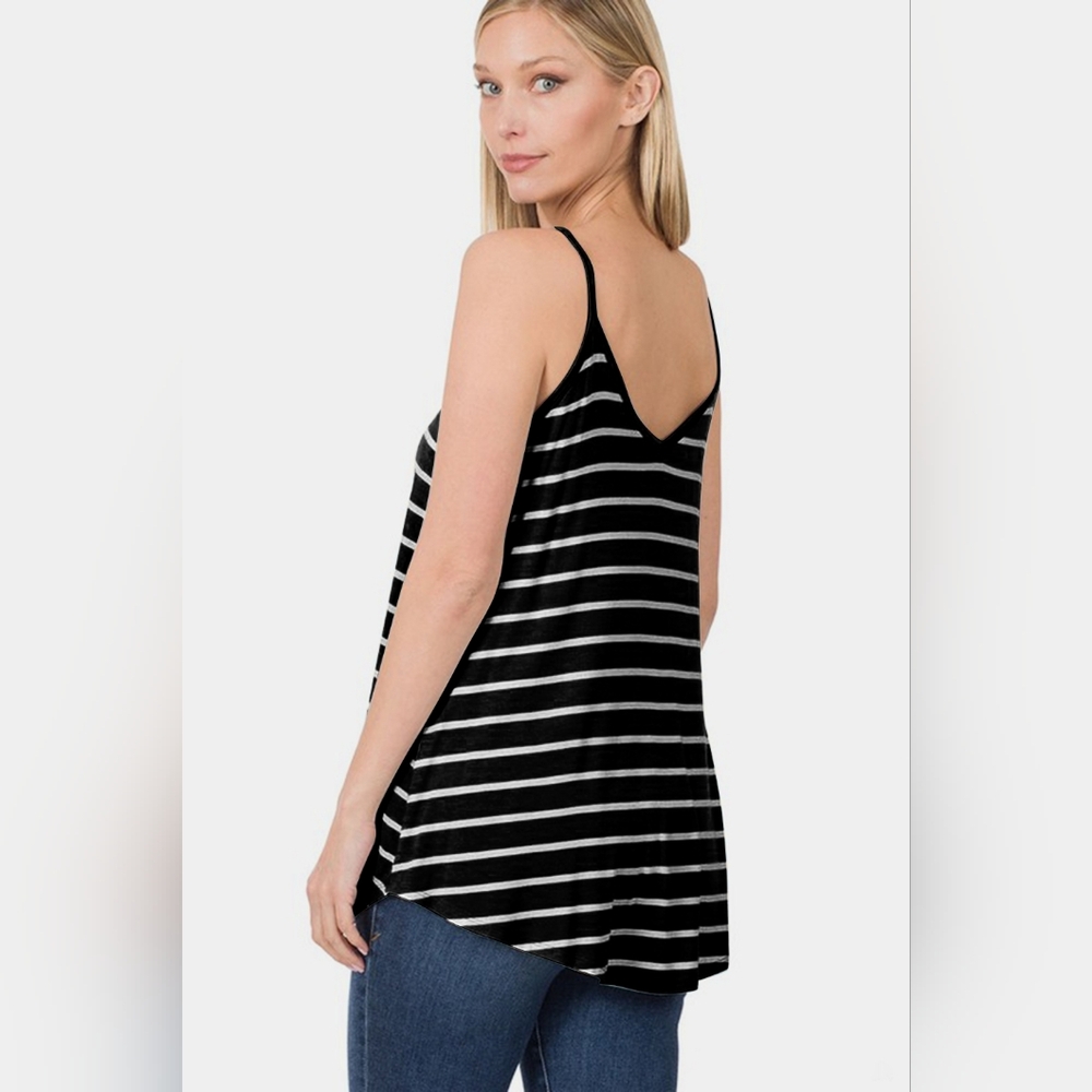 Zenana Black White Striped V Neck Curved Hem Flowy Cami Tank Top New - Picture 2 of 3